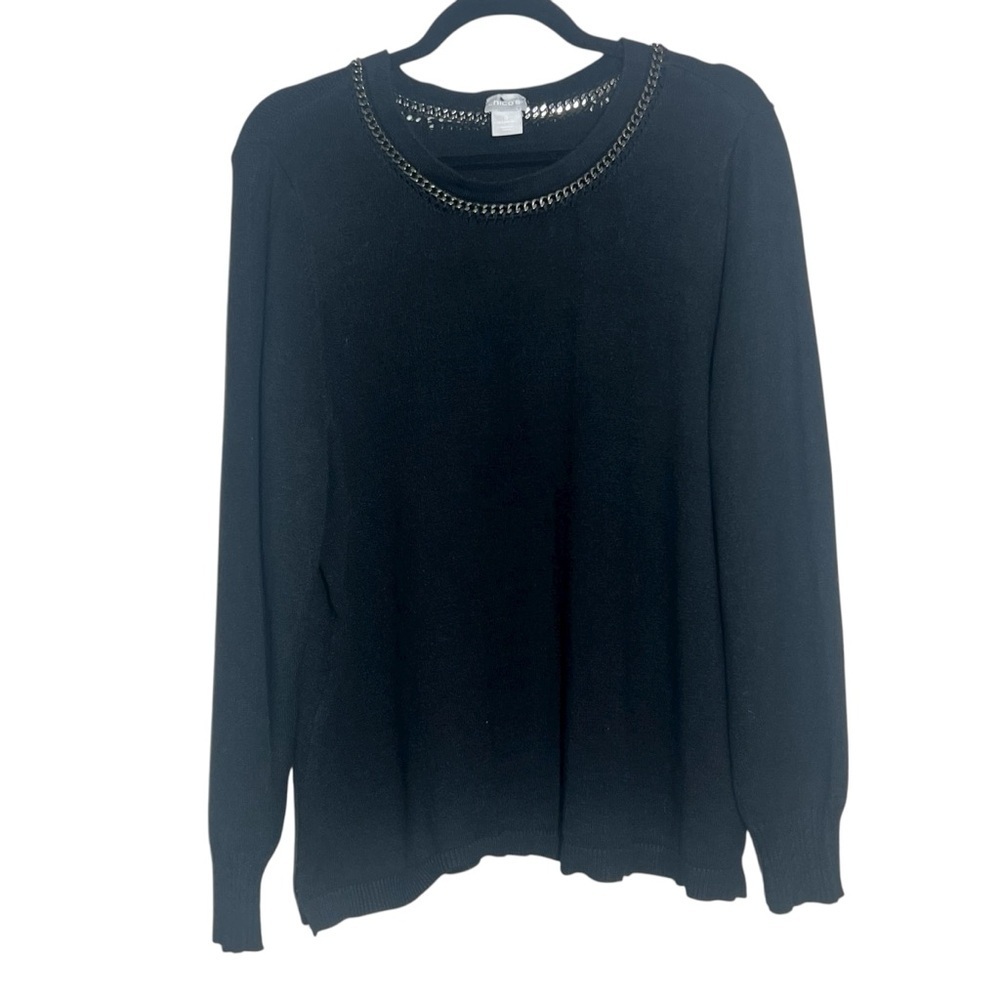 Chico’s Sweater Womens Size 3 XL Black Crewneck Lightweight Chain Detail